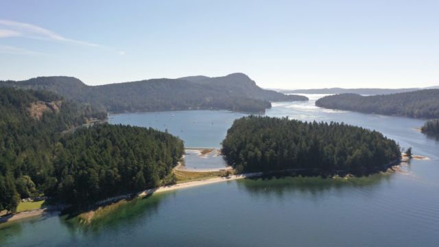 Marine habitat diversity at Sumnuw (Montague Harbour) includes shell beaches, tidal mudflats and salt marsh, the product of thousands of years of Indigenous landscape engineering